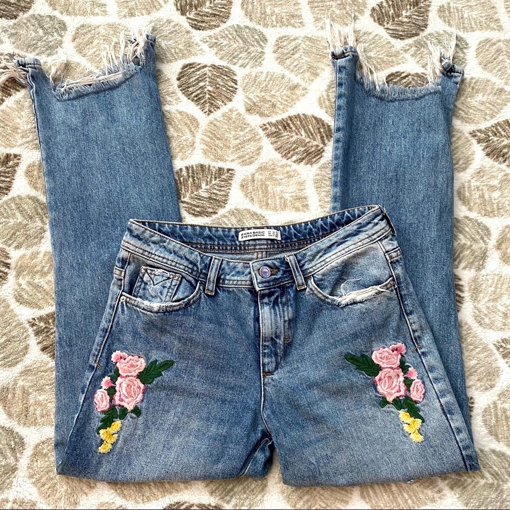 ZARA Basic 1975 Floral Embroidered Denim Jeans - Picture 2 of 10
